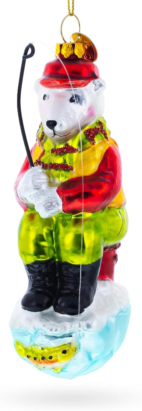 Polar Bear Ice Fishing Blown Glass Christmas Ornament