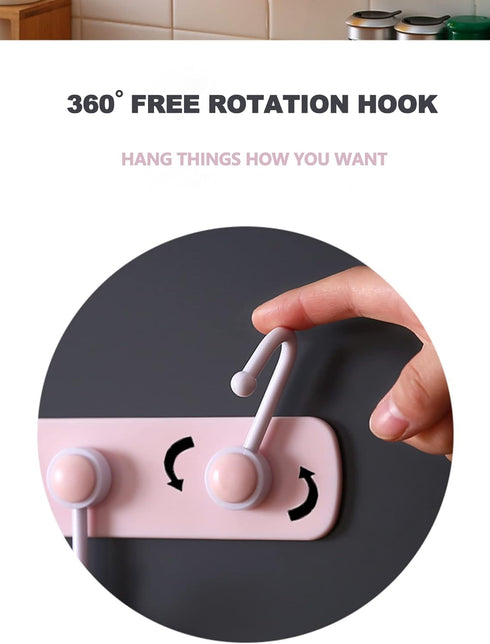 Kids Coat Rack Wall Mount, Adhesive Wall Hooks with 6 Rotating Hooks for Hanging Clothes, Pink Decorative Hangers