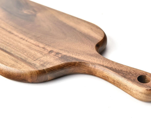 BILL.F Acacia Wood Cutting Board with Handle Small Size Long Wooden Charcuterie Board Paddle Cheese Board Serving Boards for Kitchen Meat, Pizza,Cheese, Bread, Vegetables &Fruits 16'' x 4.7'' x 0.6''