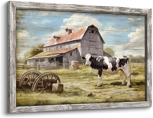 Rustic Barn Framed Wall Art: Vintage Rural Scene Artwork, Farm Cow Print, Wooden Painting for Living Room Bedroom