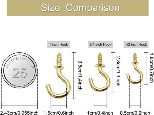 Mini Brass Plated Ceiling Screw Hooks, 50 Pcs (1 inch), Gold, Hanging Cup Hooks for Plants and Decorations