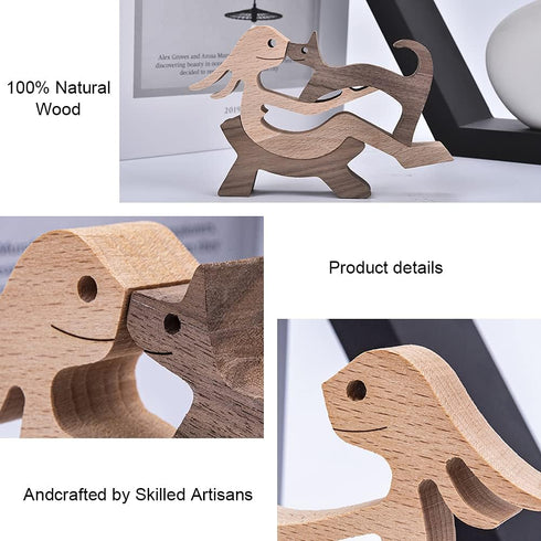 BOBO BIRD Wooden Dog Cat Family Statue, Handmade Wood Decoration, Cute Puppy and Kitty Figurine Craft for Home