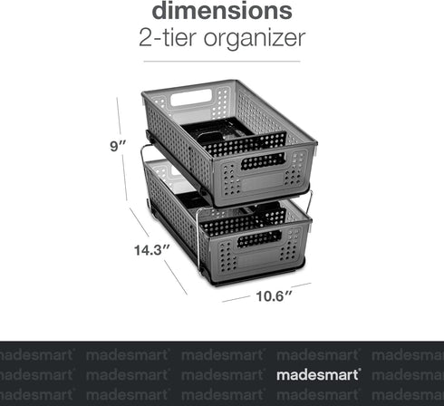 Madesmart 2-Tier Multi-Purpose Organizer, Slide-Out Storage with Handles and Dividers for Home and Bath (Pack of 1,