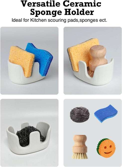 2-Slot Countertop Ceramic Sponge Holder, Dish Sponge Holder for Kitchen Sink, Keeps Sponges Dry & Clean, Rust-Free