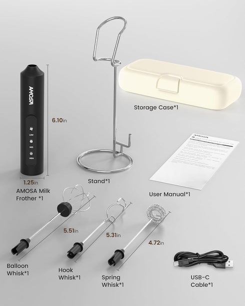 3 3 AMOSA Milk Frother Handheld with Stand, Rechargeable Frother with Speeds & Heads, Travel Frother with Case, Coffee