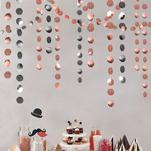 Decor365 Rose Gold Black Circle Garland, Party Decoration Hanging Dots for Birthday, Wedding, Anniversary Supplies