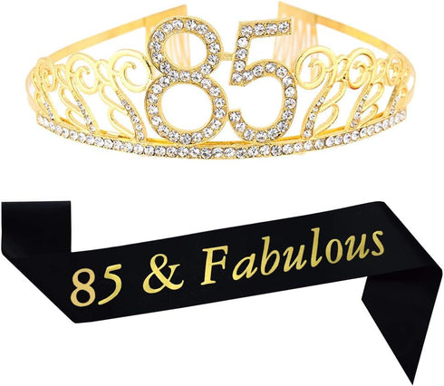Mayin 85th Birthday Gold Tiara and '85 & Fabulous' Sash - Crystal Rhinestone Crown and Satin Sash for Celebration