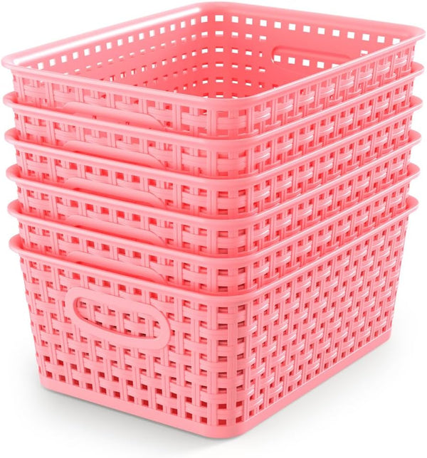 WYT 6-Pack Plastic Small Shelf Storage Weave Baskets, Organizing for Cabinets and Pantries, Pink