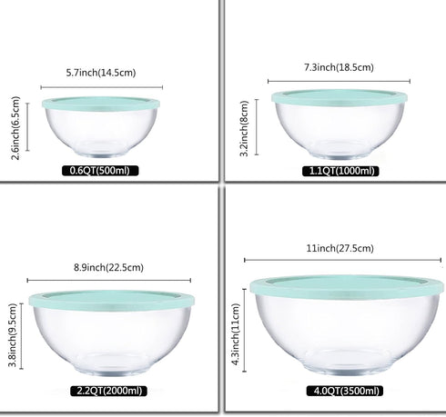 Glass Mixing Bowl Set with Airtight Lids, Kitchen Baking Prepping, Serving, Cooking, 0.6QT, 1.1QT, 2.2QT, 4QT Salad