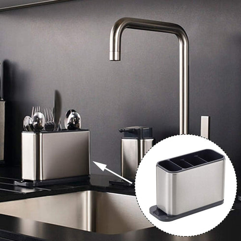 Kitchen Utensil Holder for Countertop, Flatware Organizer, Stainless Steel Cutlery Drainer with 4 Divider Drip Tray (1)