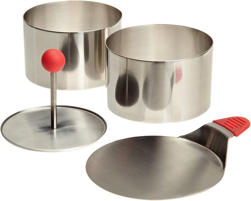 Ateco Round Food Molding Set, 4-Piece Set, 3.5 by 2.1-Inches High, Includes 2 Rings, Fitted Press & Transfer Plate