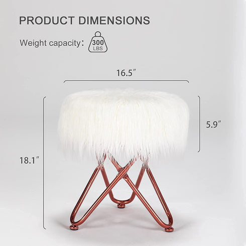 Round Faux Fur Ottoman, Vanity Stool Rose Gold Metal Legs with Anti-Slip Pad, Soft Furry Compact Padded Seat, Modern