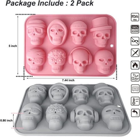 2 Pack 3D Skull Silicone Molds 8 Cavity Skull Themed Baking Mould Tray DIY Baking Tool for Chocolate Cake Dessert Candy Mousse Pastry Handmade Soap Cupcake Topper