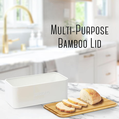 Countertop, OUTSHINE White Bread Box for Kitchen Small Storage Container with Bamboo Lid, Modern Kitchen Organizer