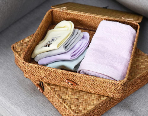 Set 2 DOKOT Flat Seagrass Storage Bins with Lid, Wicker Basket for Shelf Organize, of (Small+Large)