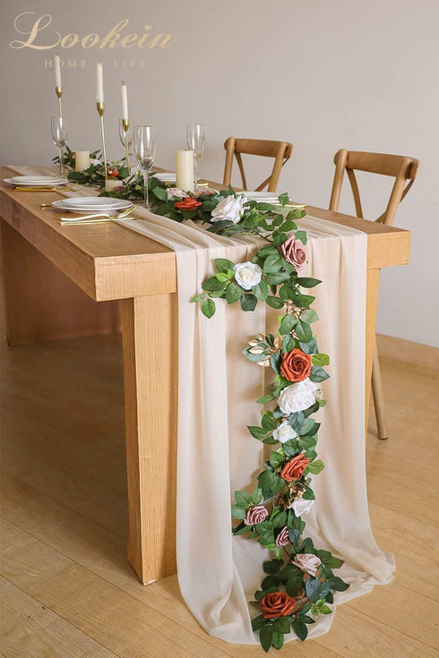 Lookein 10 Feet Champagne Chiffon Table Runner, 29x120 Inches Rustic Wedding Decorations