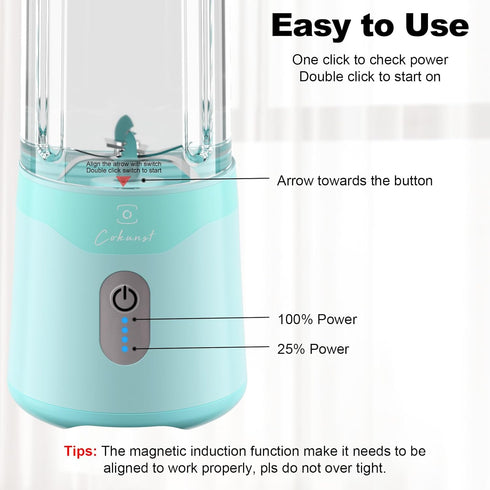 COKUNST 18oz Portable Blender, USB Rechargeable Personal Size Smoothie Blender with 6 Blades