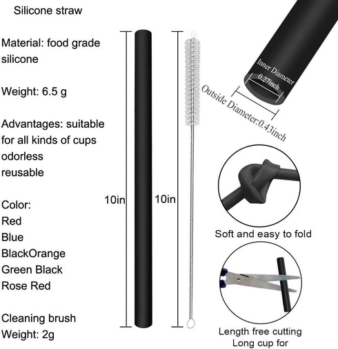 12 Pcs Eco Friendly Silicone Straws with 2 Cleaning Brushes, Reusable for 30oz and 20oz Tumblers (Pure Multicolor, 10