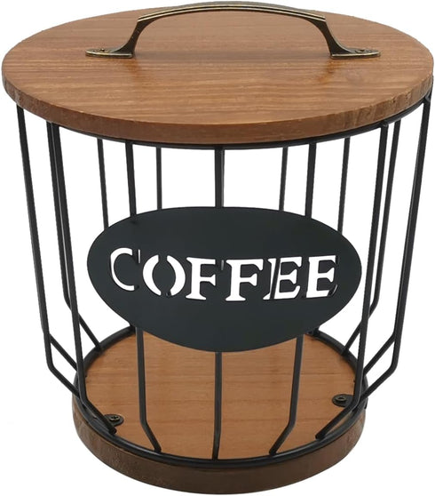 Round Coffee Pods Holder with Wooden Lid and Base, Wire Storage Basket for Home Cafe Bar Countertop Decor (Black)