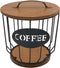 Round Coffee Pods Holder with Wooden Lid and Base, Wire Storage Basket for Home Cafe Bar Countertop Decor (Black)