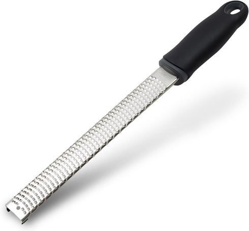 Lemon Zester - Stainless Steel Kitchen Cheese Grater with Plastic Cover and Ergonomic Soft Black Handle