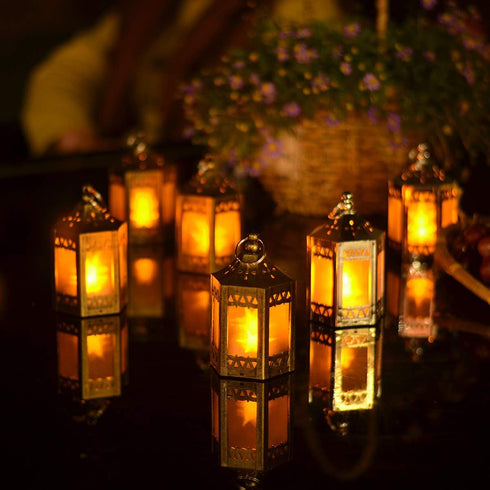 Mini Star Lantern with Flickering LED - Set of 6 Copper Brushed Decorative Hanging Light for Indoor Use