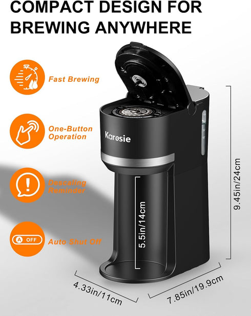 6-12 oz 5.5" Reminder,Black,9.45 Inches Single Serve Coffee Maker for K-Cup and Ground Coffee, Fast Brew, Brew Sizes