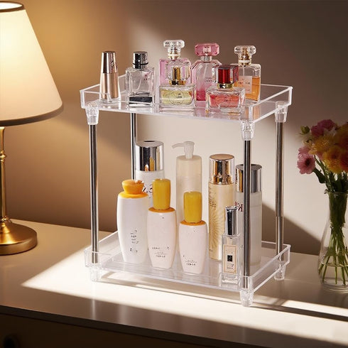 AfooBezos Body Spray Organizer, 2 Tier Bathroom Counter Organizer Acrylic Clear Corner Makeup