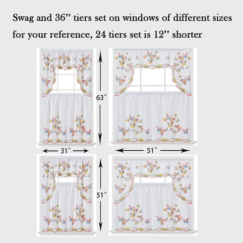 GOHD 3pcs Kitchen Curtain/Cafe Curtain Set - Farmhouse Air-Brushed Flying Butterfly Design (Swag and 24 inches Tiers)