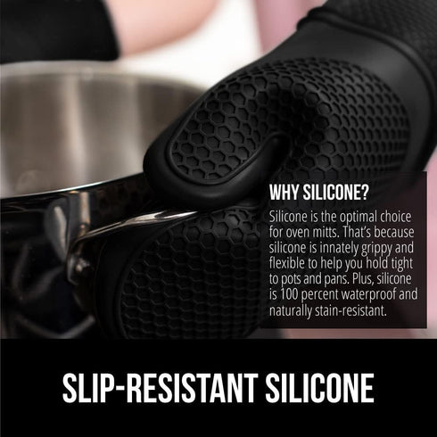 GORILLA GRIP BPA-Free Soft Silicone Oven Mitts, 14.5x8.3, Heat Resistant Cooking Gloves, Set of 2, Black