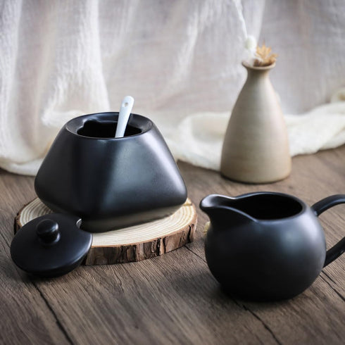 Black Ceramic Coffee Serving Set, Creamer Pitcher and Sugar Bowl, Simple Design