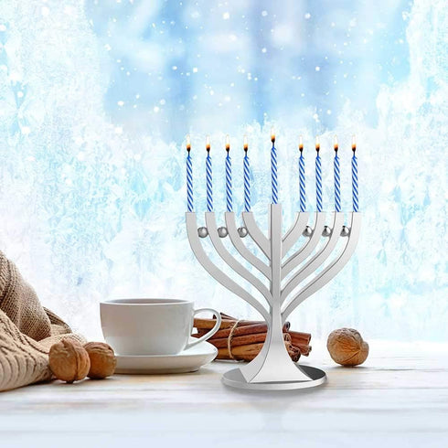 Zion Judaica Mini Classic Menorah with Mini Birthday Size Hanukkah Candles, Satin Silver Travel Minorah with 44 Candles