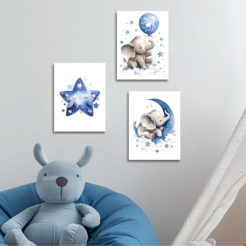 HNNXAR Set 3 16x24 Elephant Nursery Wall Decor,Blue Moon And Stars Picture Painting,Baby Girl Room Decor,Nursery Canvas
