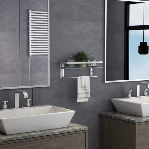 VOLPONE Glass Shelf with Towel Bar 15.7in, Silver Bathroom Wall Mount Organizer, Rustproof 1 Tier