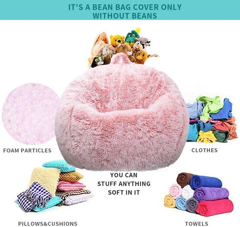 Kisoy Fluffy Stuffed Animal Storage Bean Bag Chair Cover (No Filler), Faux Fur Comfy Bean Bag Cover for Organizing
