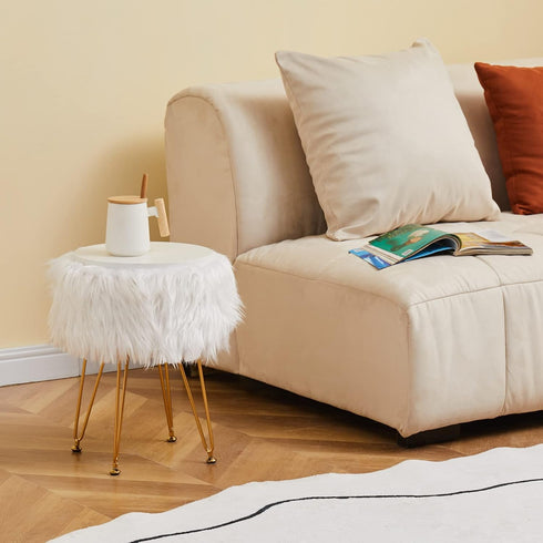 4 Mxfurhawa Faux Fur Storage Ottoman Round Furry Vanity Stool Marble Grain Tray Coffee Table Compact Footrest