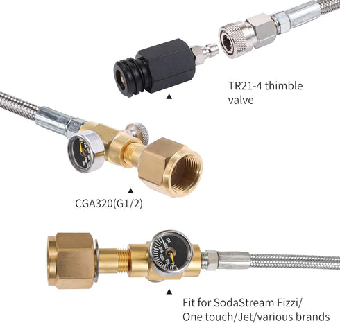 CO2 Tank CO2 Cylinder Direct Adapter with 60in Stainless Steel Hose, Pressure Gauge & Exhaust Valve for Soda Maker