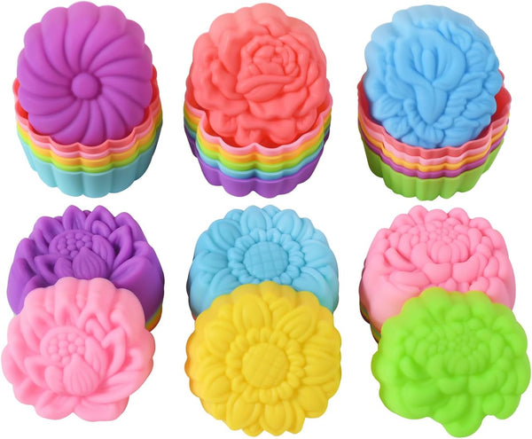 Reusable Silicone Baking Cups, 2 Inch Mini Size Multi Flower Shapes Muffin Liners, Pack of 36, Multicolor
