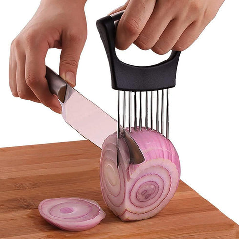 Onion Cut Tomato Slicer, Handy Kitchen Slicing Tool with 10 Even Prongs for Onion Lemon Potato Tomato Slices (Black)