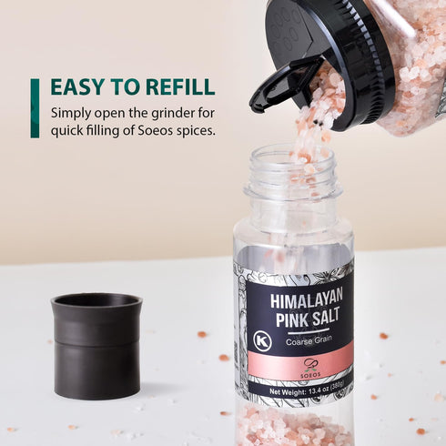 6.7oz (190g) 13.4oz (380g), Set. Soeos Whole Black Peppercorns, and Himalayan Pink Salt, Plastic Bottle Grinder