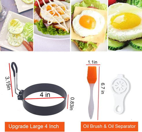 WOWITIS 4'' Set, 4 Packs 1X 1X Upgrade Large Egg Rings Stainless Steel Round Egg Maker Mold, Anti-scalding Grill, Oil