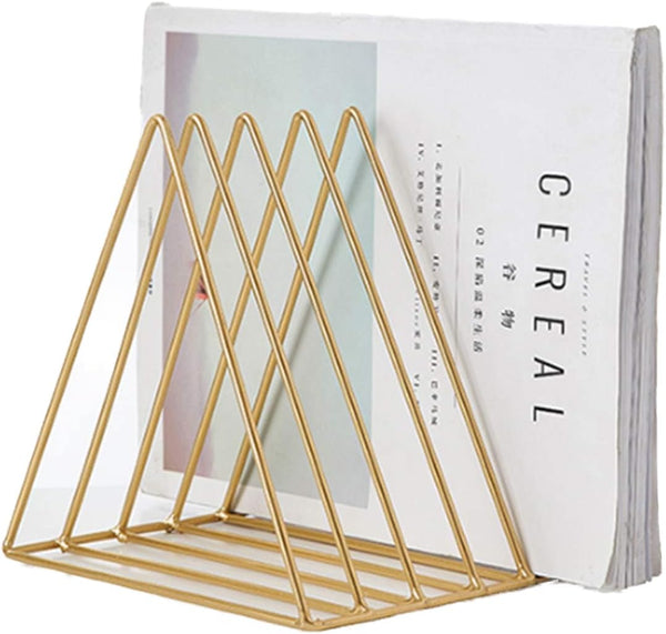 QPEY Triangle File Holder, 5 Slot Metal Vinyl Record Stand, Magazine Holder for Office Home, 1 Pc, Gold
