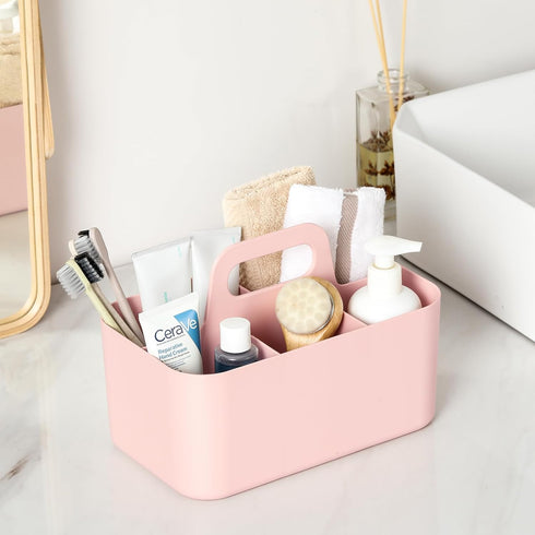 Multiuse Caddy Organizer with Handle - Stackable Plastic Bin Basket for Art Supplies, Makeup, Bathroom, Kitchen (Pink)
