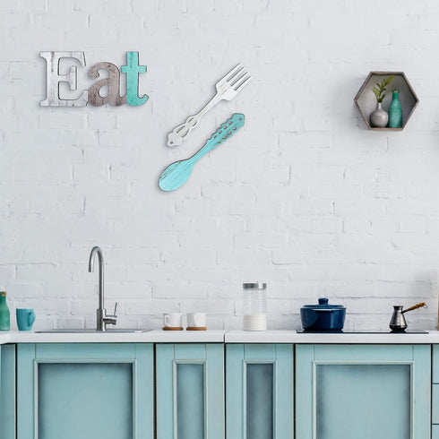 Jetec Set of Eat Sign, Cute Fork and Spoon Wall Decor, Rustic Wood Decorative Hanging Letters for Kitchen Home