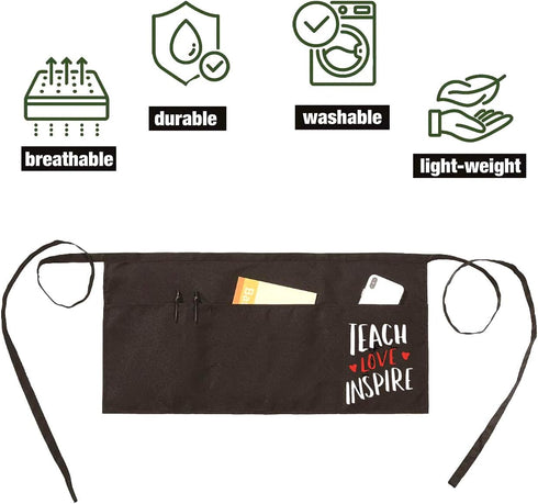 Waist Apron for Teachers with 3 Pockets, Half Black Apron, Perfect Gift for Teachers (Teach Love Inspire)