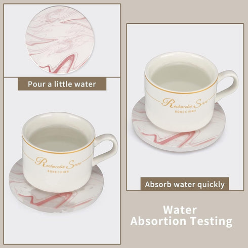 Set 6 Pack Cute Pink Marble Coasters of Stone Coffee Table Decor Absorbent Ceramic Cup Coaster with Holder Decorative