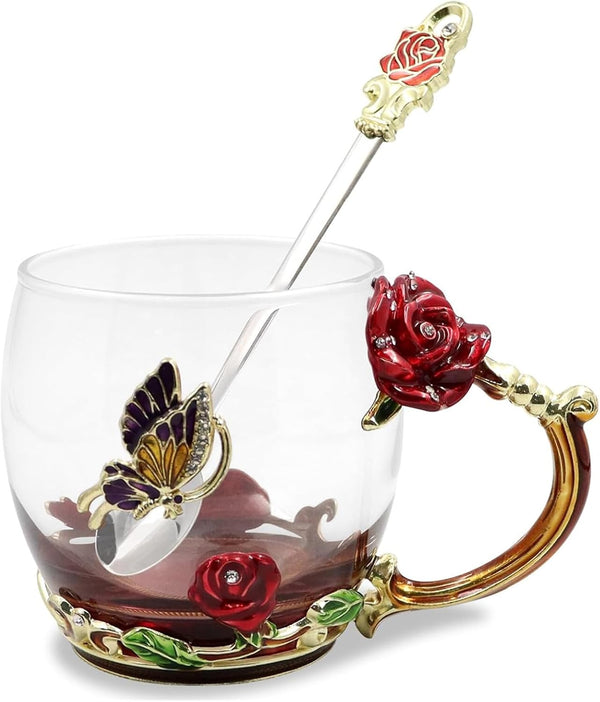 Enamels Butterfly Flower Tea Cup, Glass Coffee Mugs with Spoon, Gifts for Birthday, Valentines, Mothers Day.