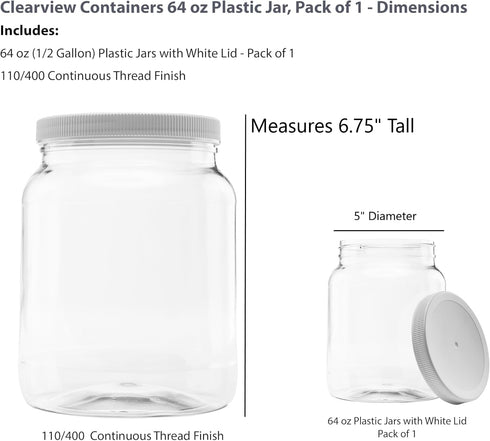 Plastic Storage Jars with Leak Proof Lids - BPA Free, 64oz, 1PK White