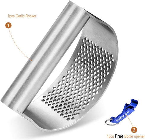 Garlic Press Rocker - Stainless Steel Garlic Crusher, Bottle Opener, Chopper, Squeezer, Slicer