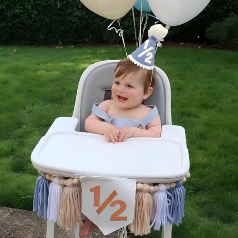 E0EHOHC 1/2 1/2 Half Birthday Decorations for Baby Boy Blue Handmade High Chair Banner with Cone Hat for Half Way